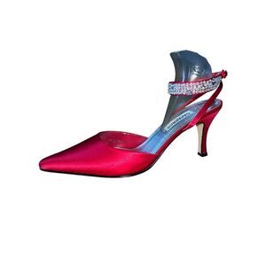 Capparos Red Silk Zonk Pointed stone Heel with Beaded Ankle Strap Wmn Sz 10 READ
